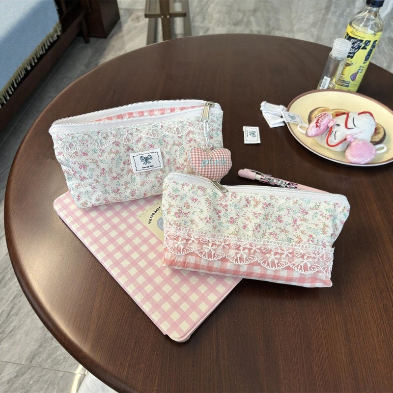 Cute Design Small Square Bag Pink Plaid Original Pencil Case Large Capacity Stationery Box Portable Stationery Bag For Women - Image 2