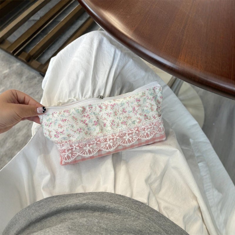 Cute Design Small Square Bag Pink Plaid Original Pencil Case Large Capacity Stationery Box Portable Stationery Bag For Women - Image 3