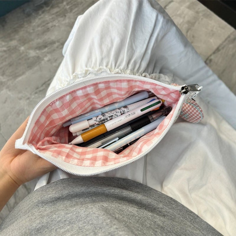 Cute Design Small Square Bag Pink Plaid Original Pencil Case Large Capacity Stationery Box Portable Stationery Bag For Women - Image 4