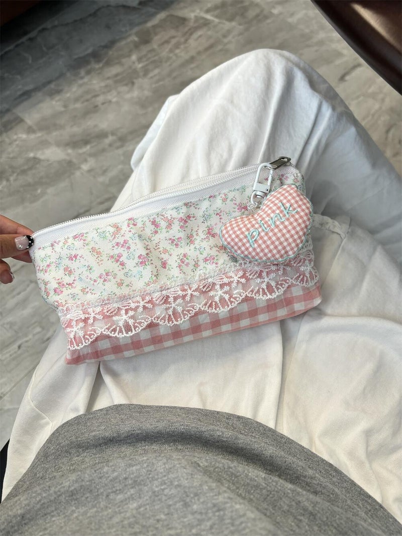 Cute Design Small Square Bag Pink Plaid Original Pencil Case Large Capacity Stationery Box Portable Stationery Bag For Women - Image 1