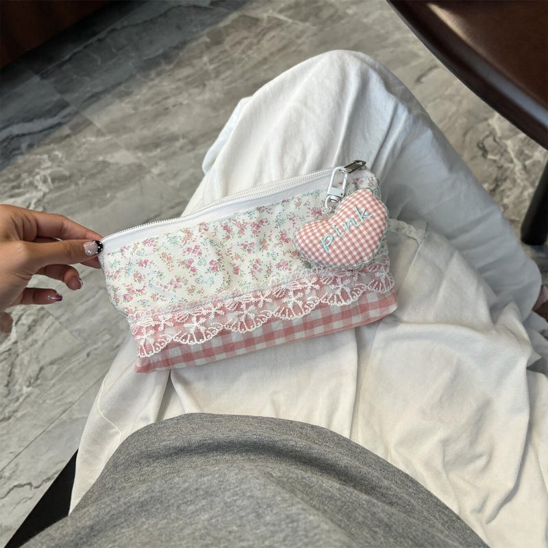 Cute Design Small Square Bag Pink Plaid Original Pencil Case Large Capacity Stationery Box Portable Stationery Bag For Women - Image 5