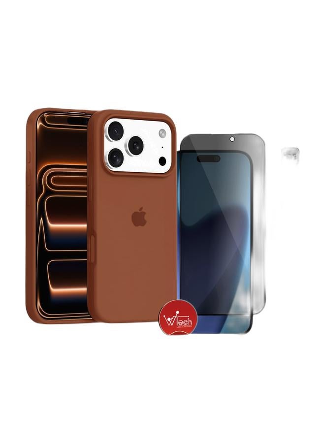 Wtech Apple iPhone 17 Pro Max 5G 2025 Luxury Premium Quality Liquid Silicone Case Cover (MCRPSN) - Brown & Apple iPhone 17 Pro Max 5G 2025 Premium E2E Series Privacy Full Glue Full Cover Tempered Glass Screen Protector (MSGECP) - Clear/Black Bundle - Image 1