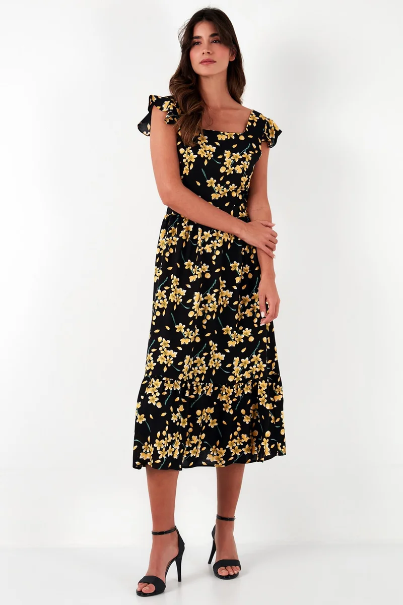 ليلا Patterned Regular Fit Square Collar Flounced Midi Dress Women's Dress 611EL501