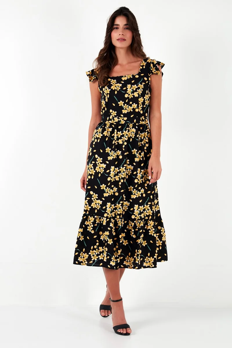 ليلا Patterned Regular Fit Square Collar Flounced Midi Dress Women's Dress 611EL501