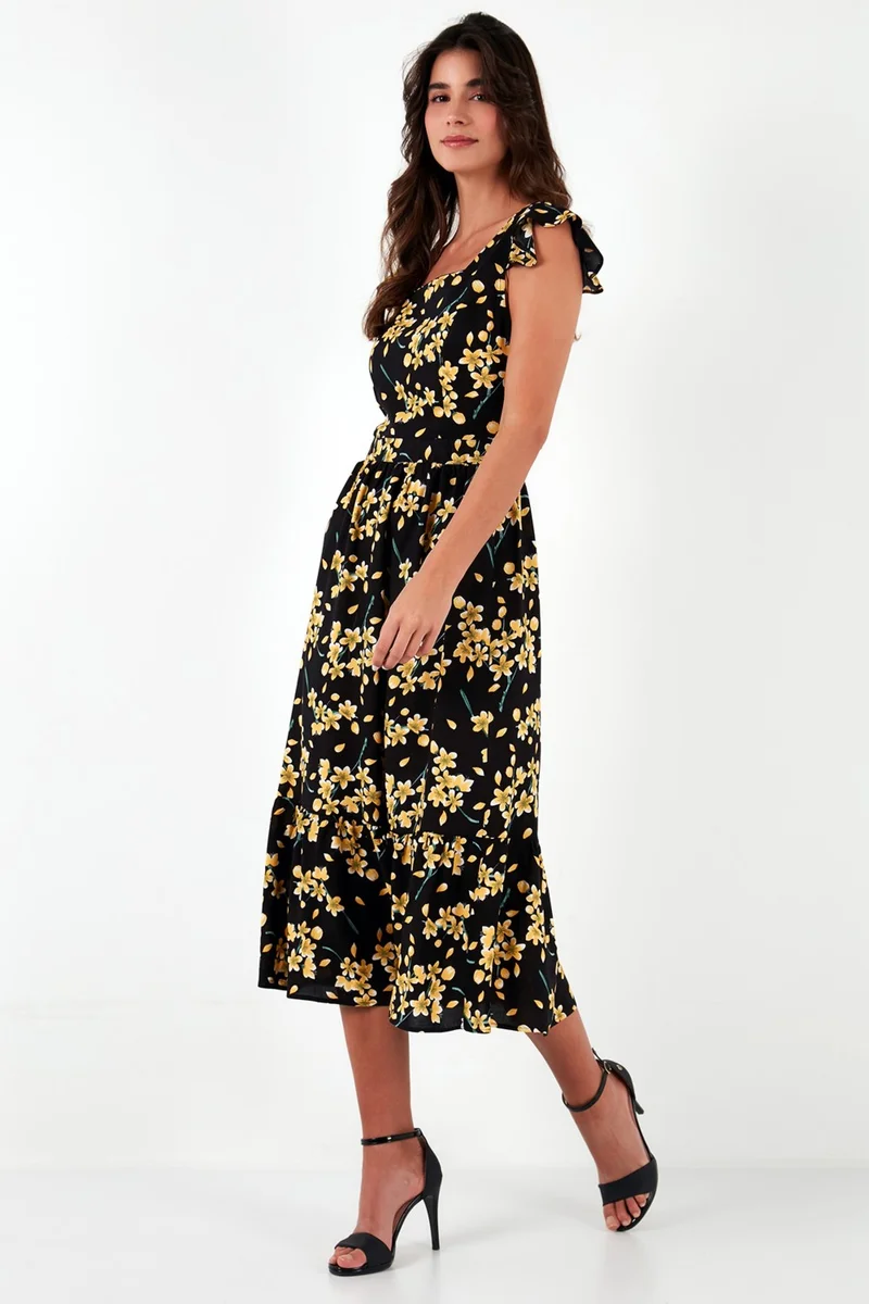 ليلا Patterned Regular Fit Square Collar Flounced Midi Dress Women's Dress 611EL501