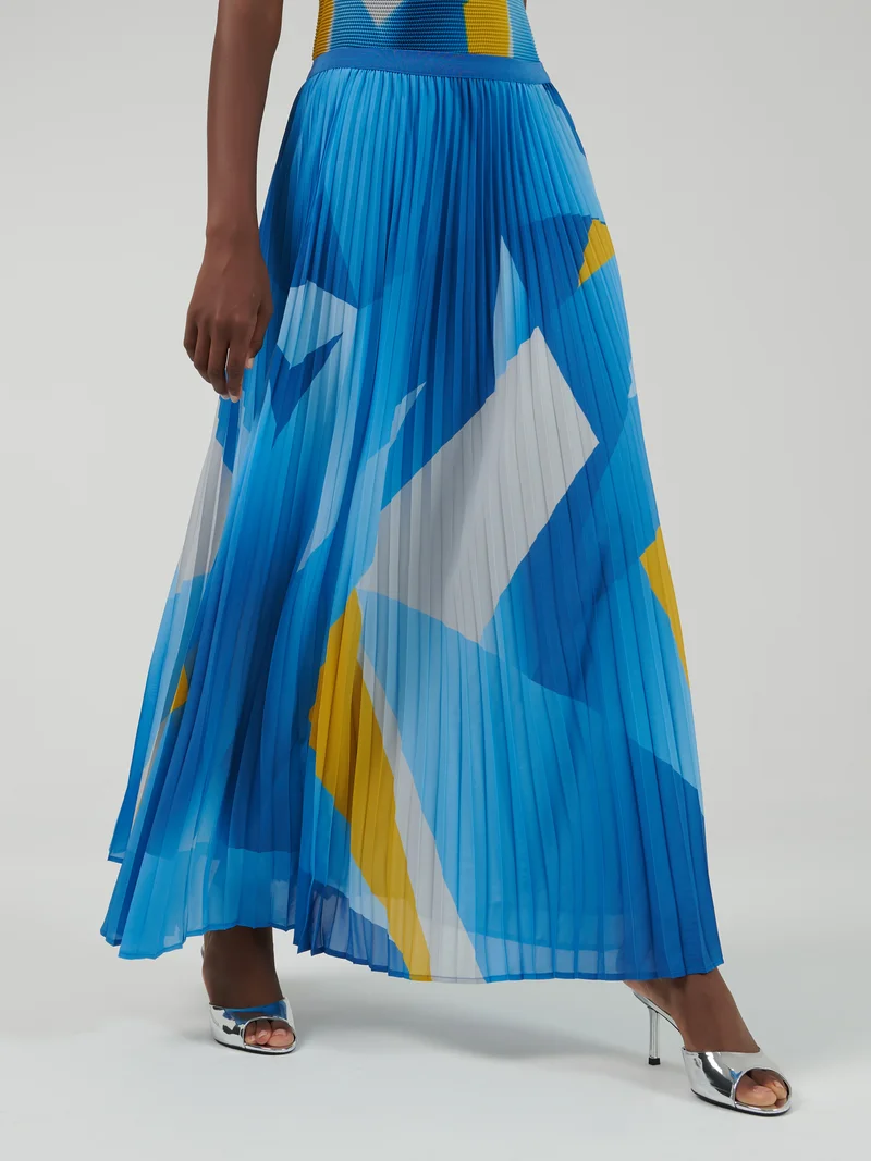 leem Geometric Print Plisse Maxi Skirt