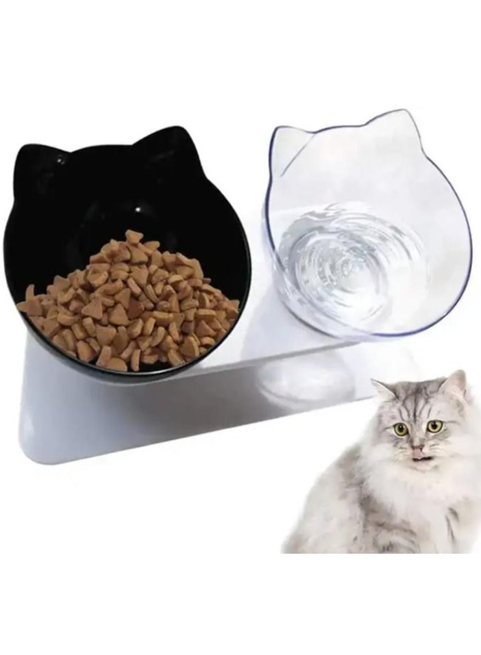 Elevated Double Cat Bowl For Food And Water Tilted Cat Food Bowl With Stand black and clear - Image 1
