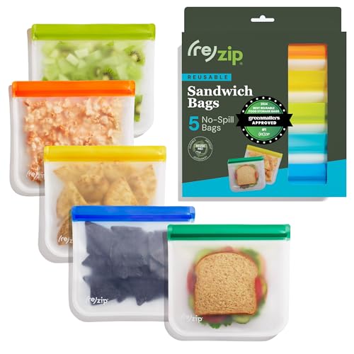 Rezip (re) zip 5-pack Reusable Sandwich Lunch Food Storage Bags | BPA-Free, Food Grade, Leakproof, Freezer Safe, Dishwasher Safe, Travel Friendly | Multicolor for Easy Organization - Image 1