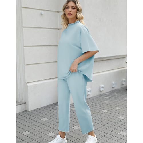 SeeLuNa أطقم نسائية من SeeLuNa مكونة من قطعتين بأكمام باتوين 3/4 مع ياقة علوية عريضة وسروال واسع (أزرق-أخضر، L) - Image 4