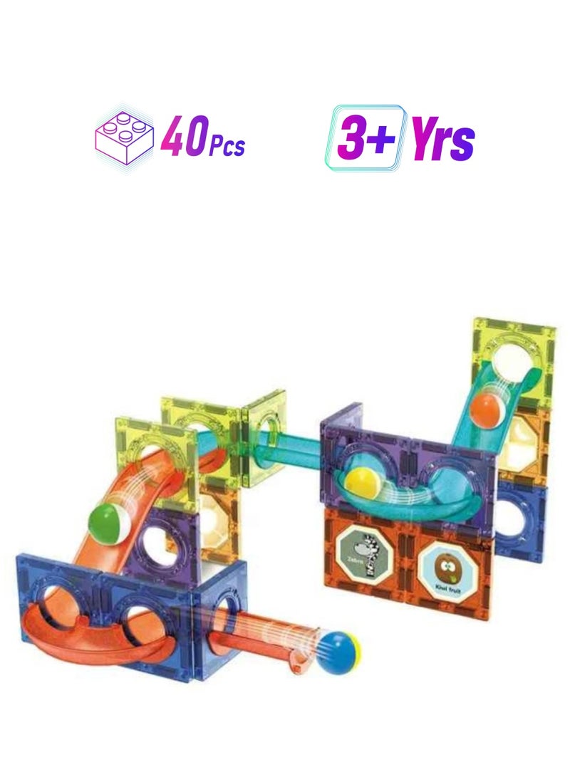 TEGRILO 40 Pieces Colorful Race Track Building Blocks, Educational Magnetic Tiles Toy Set. 3D Magnetic Marble Run Set Preschool Learning Construction Puzzle For Kids. - Image 1