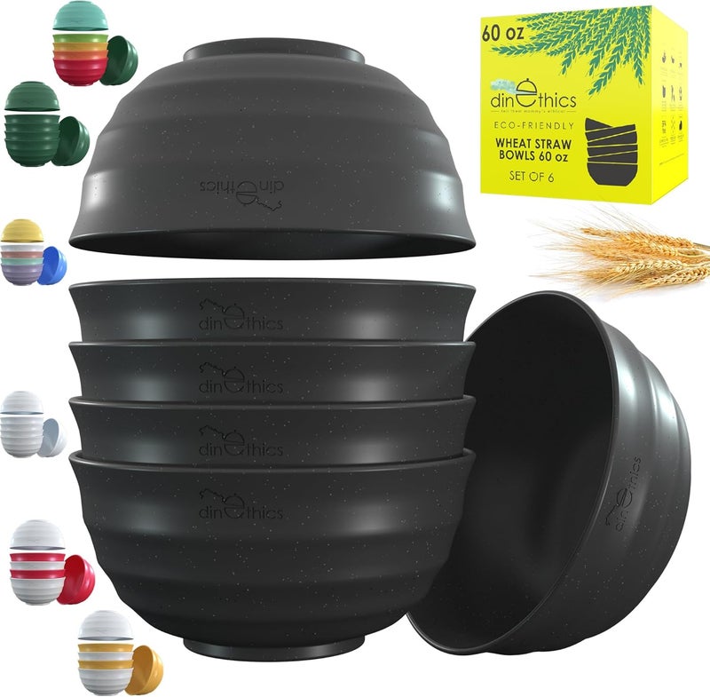 DINETHICS Wheat Straw Black Bowls 60 OZ  Deep  Big DishwasherSafe Microwavable Bowls set of 6  Large Cereal bowls  Large Soup Bowl For Eating  PHO Bowl For Ramen Rice Breakfast Salad Snacks - Image 1