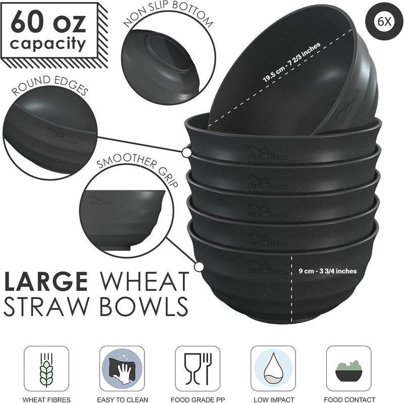 DINETHICS Wheat Straw Black Bowls 60 OZ  Deep  Big DishwasherSafe Microwavable Bowls set of 6  Large Cereal bowls  Large Soup Bowl For Eating  PHO Bowl For Ramen Rice Breakfast Salad Snacks - Image 2