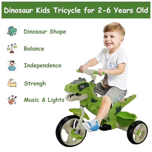 Dinosaur Kids Tricycle for 26 Year Olds Kids Trike Big Wheel with Rubber Wheels Storage Basket Music Lights Indoor Outdoor Preschool Kids Bike Birthday Gift for Girls Boys - Image 5
