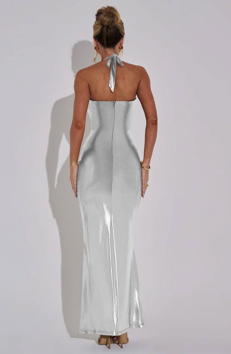Memoriesea Women's Luxury Metallic Halter Neck Bodycon Party Evening Gown Maxi Dress Silvery - Image 5