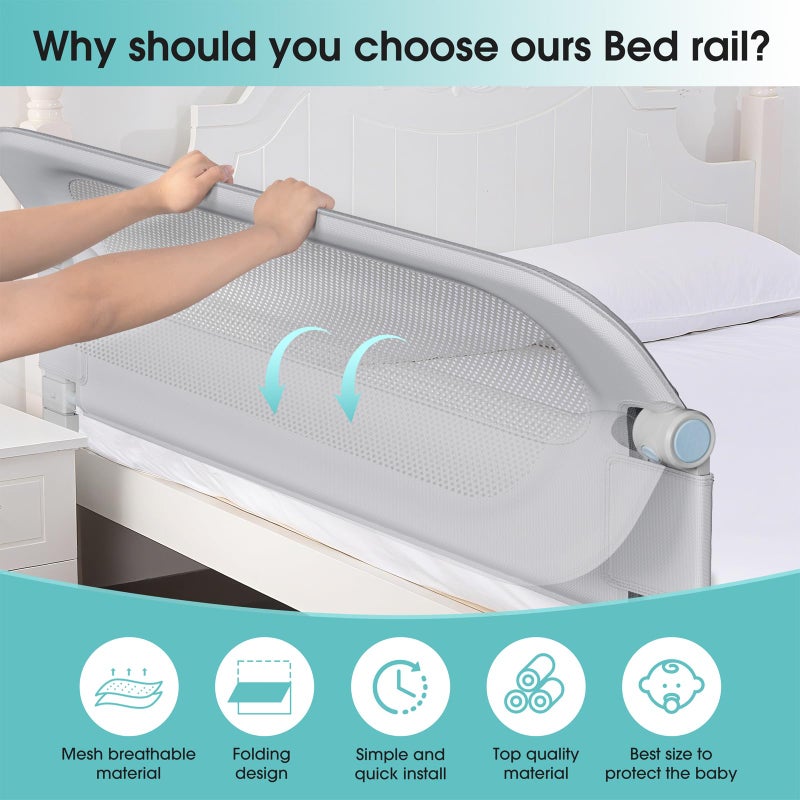 NUTIKAS Baby Bed Rail Guard for Toddlers - 78" Toddler Bed Rails for Twin, Full, Queen, King Bunk Size Bed Swing Down Bedrail Extral Tall Child Safety Side Railing Guards for Kids Gray - Image 3
