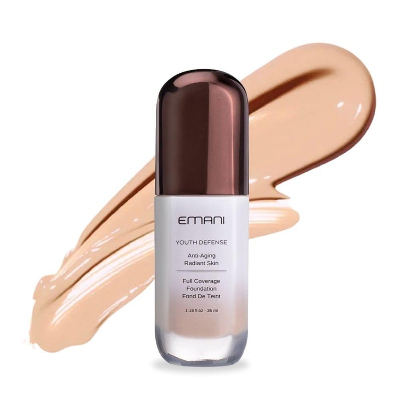 Emani Youth Defense Foundation with Hyaluronic Acid AntiAging Full Coverage Protects Face and Brightens Skin Discoloration Medium Light