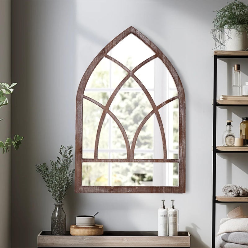 Sintosin Farmhouse Arched Window Mirror Wall Decor 16 X 24 Inch, Hanging Distressed White Rustic Cathedral Window Pane Mirror Wall Decor for Living Room, Wood Decorative Mirrors for Entryway - Image 1