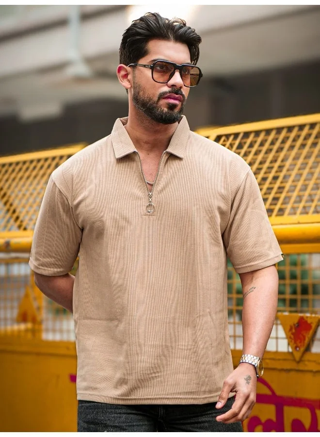 مانياك تيشيرت بولو رجالي قطن بيج بأكمام ثلاثة أرباع وسحاب نصفي