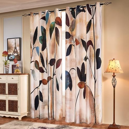 SUBRTEX Light Flitering Curtains 52Wx84L, Room Darkening Vibrant Floral Drapes, 50% Blackout, Semi Sheer Boho Farmhouse Curtains for Living Room, Brown - Image 1