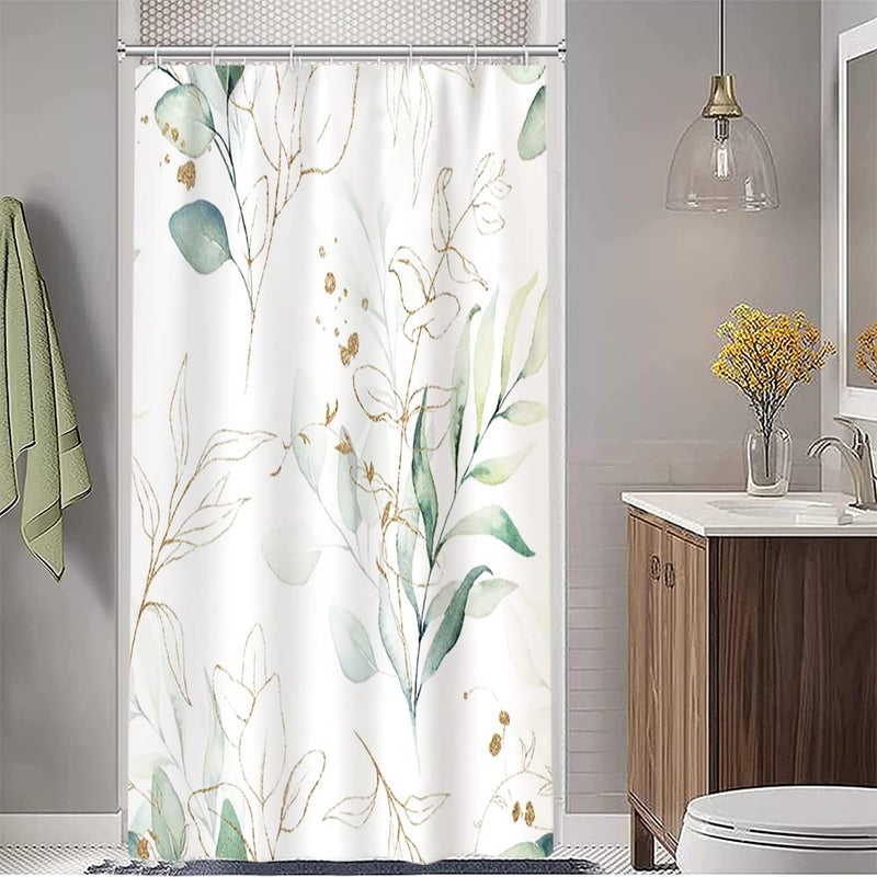 Ruelvth Stall Shower Curtain  Sage Green and Gold Eucalyptus Small Shower Curtain Set Waterproof Fabric Half Narrow Bathroom Decor with Hooks  36x72 Inch - Image 1