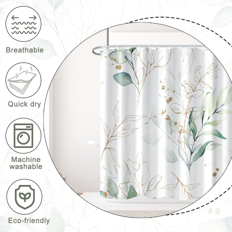 Ruelvth Stall Shower Curtain  Sage Green and Gold Eucalyptus Small Shower Curtain Set Waterproof Fabric Half Narrow Bathroom Decor with Hooks  36x72 Inch - Image 4