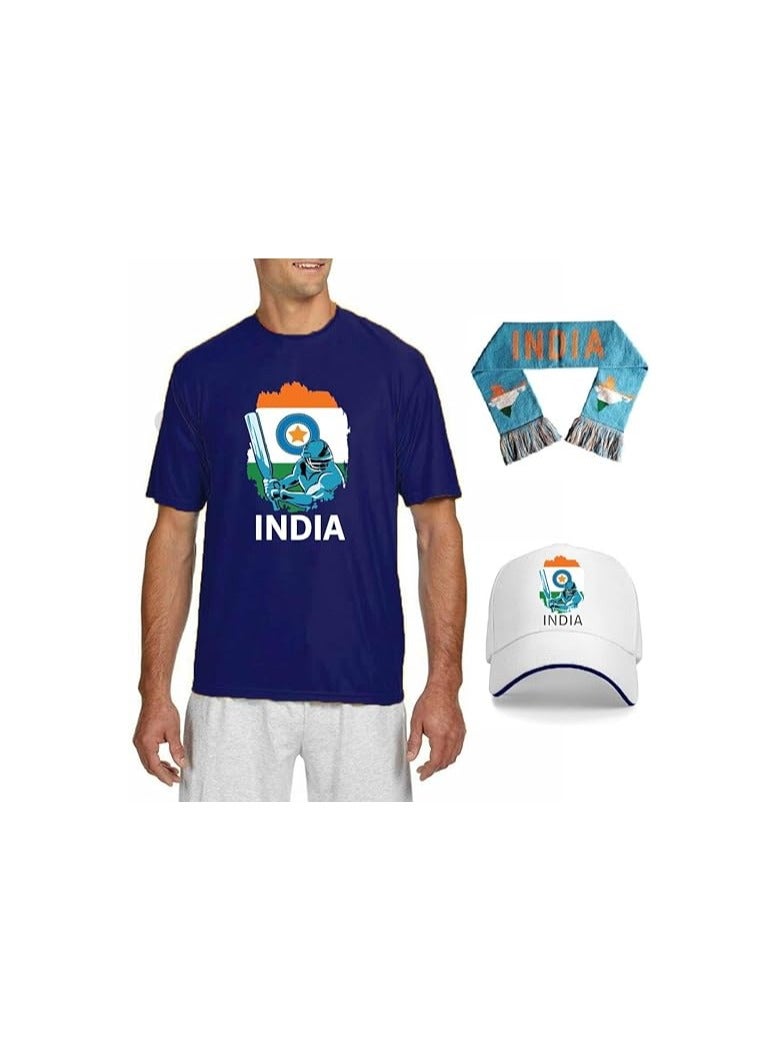 India Unisex Sports Blue Jersey - T-shirt, Drawstring Bag, Cap, and Scarf - Perfect for Indian Cricket Fans and Cricket Lovers - Ideal for Matches  - Image 1
