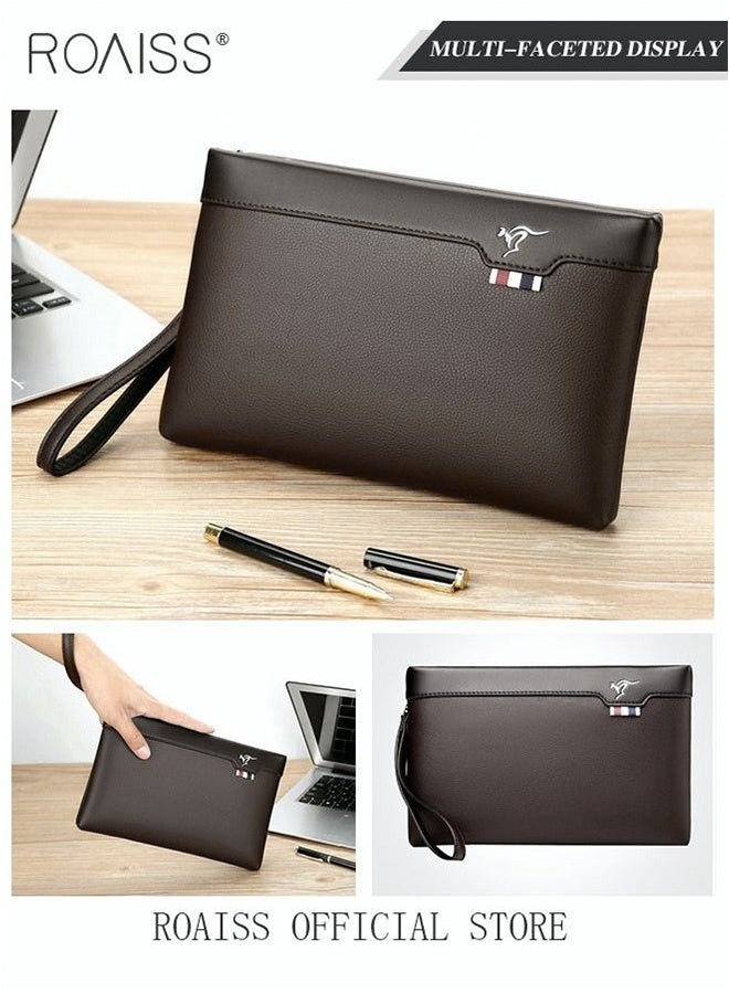 رويس حقيبة كلاتش رجالية للأعمال بسعة كبيرة ونحيفة للغاية ومضادة للسرقة مصنوعة من الجلد المحكم ومحفظة كبيرة بسيطة مع سوار معصم وسحاب ودفتر شيكات وحافظة بطاقات هدية للرجال حقيبة مظروف كاجوال متعددة الطبقات باللون البني - Image 4