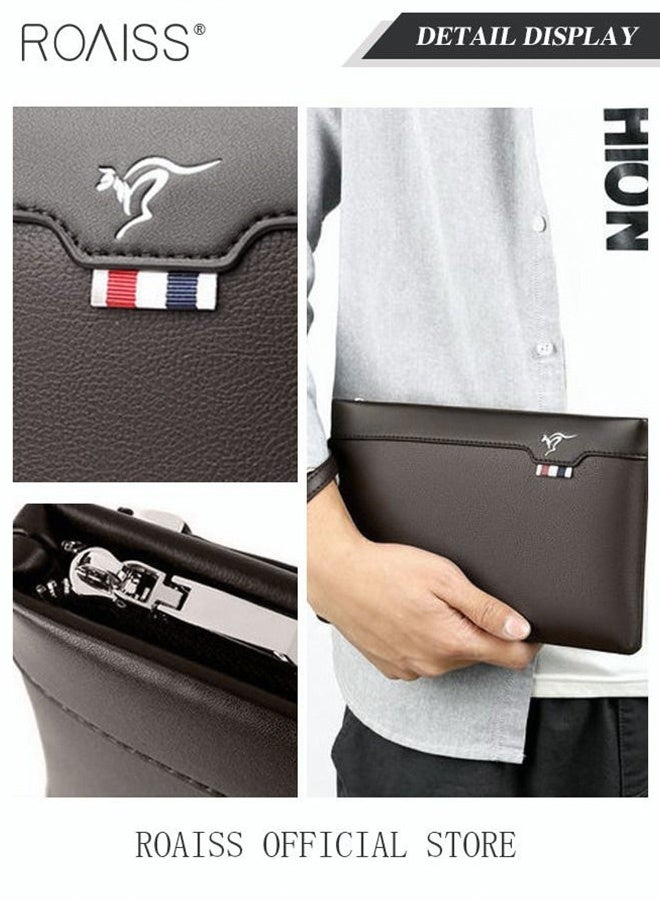 رويس حقيبة كلاتش رجالية للأعمال بسعة كبيرة ونحيفة للغاية ومضادة للسرقة مصنوعة من الجلد المحكم ومحفظة كبيرة بسيطة مع سوار معصم وسحاب ودفتر شيكات وحافظة بطاقات هدية للرجال حقيبة مظروف كاجوال متعددة الطبقات باللون البني - Image 2