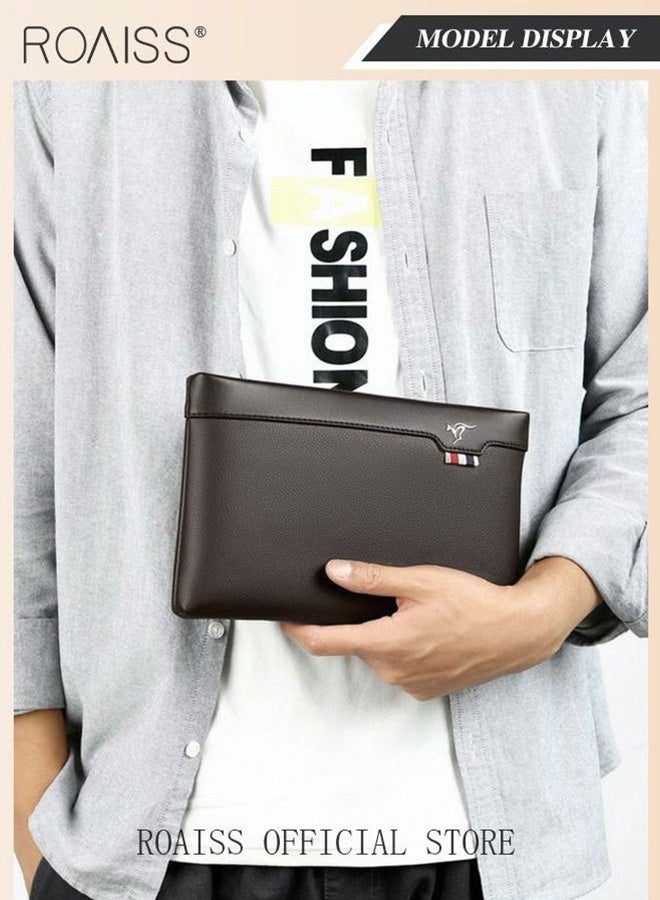 رويس حقيبة كلاتش رجالية للأعمال بسعة كبيرة ونحيفة للغاية ومضادة للسرقة مصنوعة من الجلد المحكم ومحفظة كبيرة بسيطة مع سوار معصم وسحاب ودفتر شيكات وحافظة بطاقات هدية للرجال حقيبة مظروف كاجوال متعددة الطبقات باللون البني - Image 1