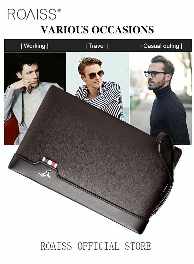 رويس حقيبة كلاتش رجالية للأعمال بسعة كبيرة ونحيفة للغاية ومضادة للسرقة مصنوعة من الجلد المحكم ومحفظة كبيرة بسيطة مع سوار معصم وسحاب ودفتر شيكات وحافظة بطاقات هدية للرجال حقيبة مظروف كاجوال متعددة الطبقات باللون البني - Image 3