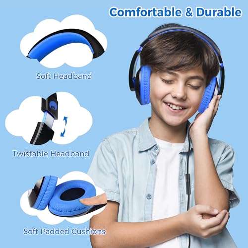 rockpapa Comfort+ Kids Headphones with Microphone, Boys Girls Student Over-Ear Headphones Wired for School Classroom Laptop PC Computer Tablet Black Blue - Image 2