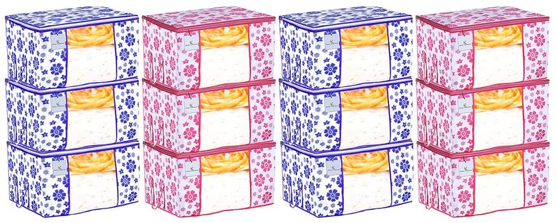 Kuber Industries Flower Design 12 Piece Non Woven Fabric Underbed Storage BagCloth OrganiserBlanket Cover with Transparent Window Pink Blue CTKTC41284 - Image 1