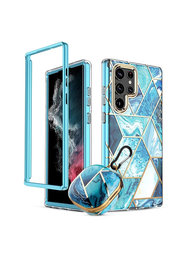 O Ozone Marble Bundle for Samsung Galaxy S22 5G Ultra Case & Galaxy Buds CaseSmooth Gloss Finish Marble Stylish Cover for Women Girls (Blue) - Image 1