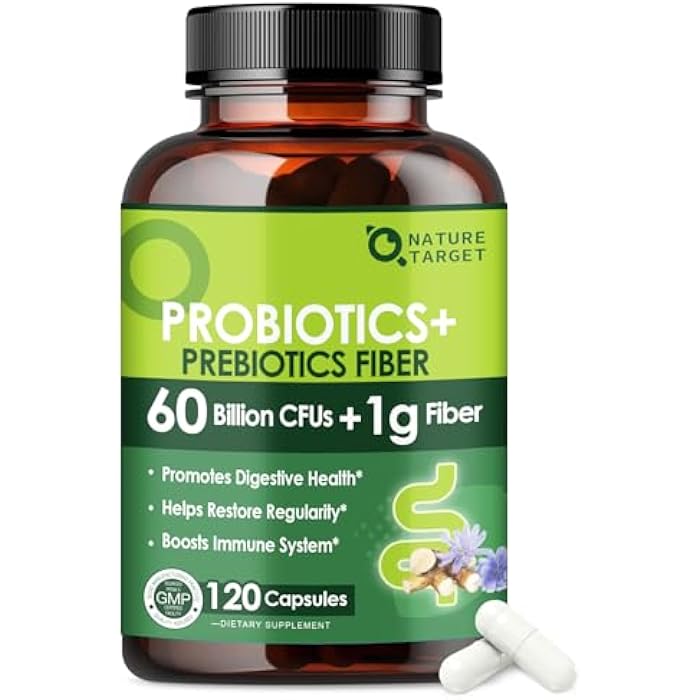 NATURE TARGET Prebiotic Fiber Supplement with 60 Billion Probiotics for Digestive Health - Prebiotics and Probiotics for Women & Men Regularity, Supports Occasional Constipation - 120 Veggie Capsules - Image 1