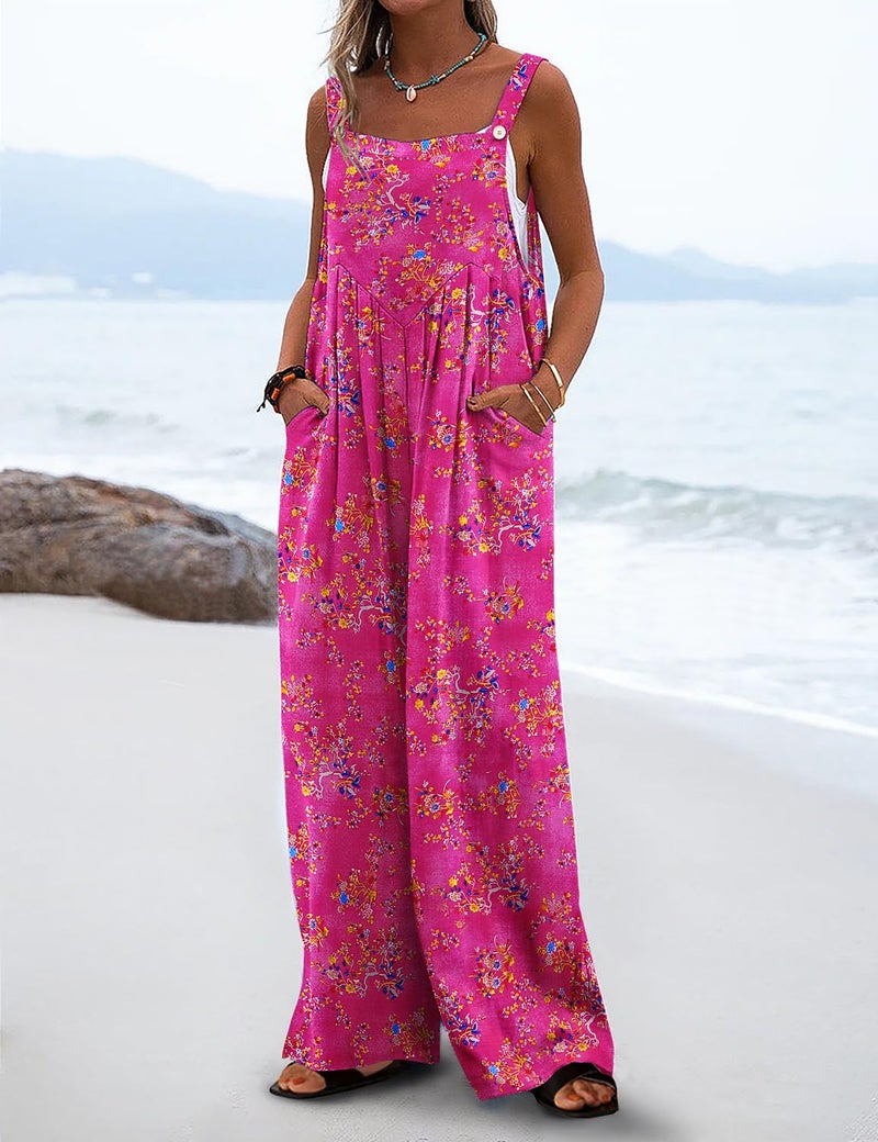 YESNO Women's Summer Casual Overalls Loose Wide Leg Jumpsuits Boho Floral Printed Baggy Rompers with Pockets 2XL PZH CR26 - Image 3