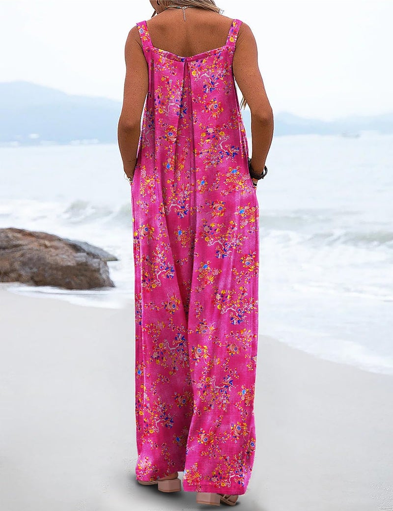 YESNO Women's Summer Casual Overalls Loose Wide Leg Jumpsuits Boho Floral Printed Baggy Rompers with Pockets 2XL PZH CR26 - Image 4