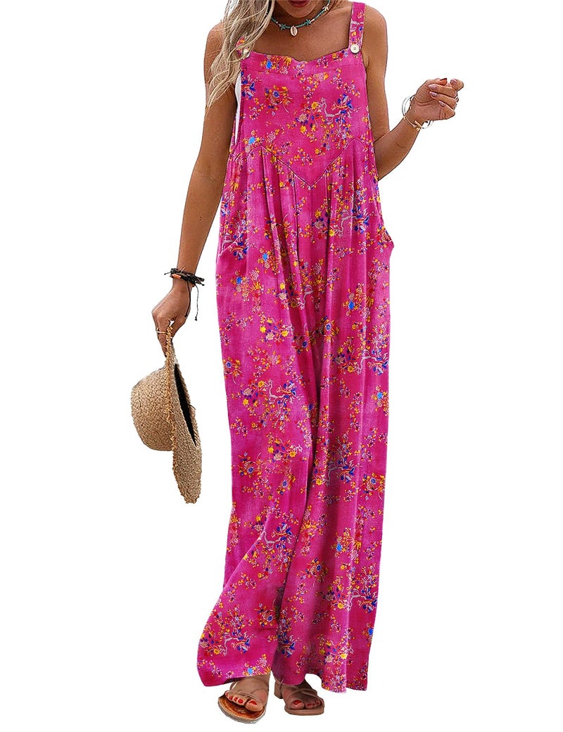 YESNO Women's Summer Casual Overalls Loose Wide Leg Jumpsuits Boho Floral Printed Baggy Rompers with Pockets 2XL PZH CR26 - Image 1
