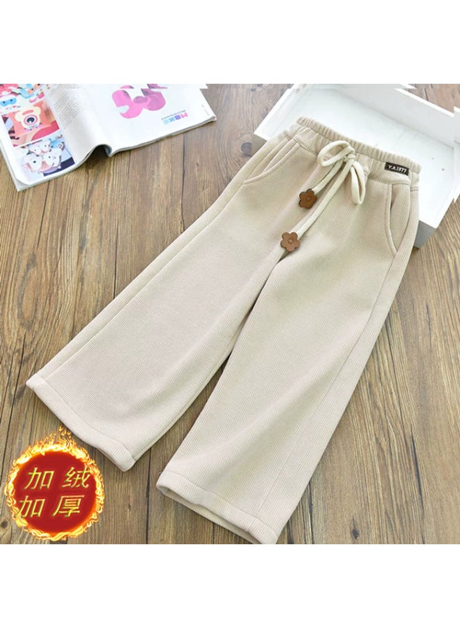 Girls' Fleece-lined Thick Wide-leg Pants Warm Medium And Big Children Loose Straight Pants Autumn And Winter Children's Western Style Casual Pants