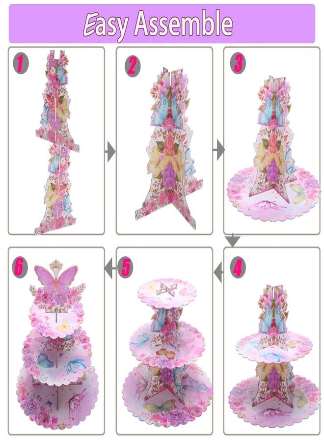 MRPAPA 3 Tier Butterfly Cupcake Stand, Butterfly Birthday Decorations Baby Shower Party Spring Butterfly Birthday Cake Stand Pink Purple Butterfly Dessert Tower for Party Supplies - Image 3
