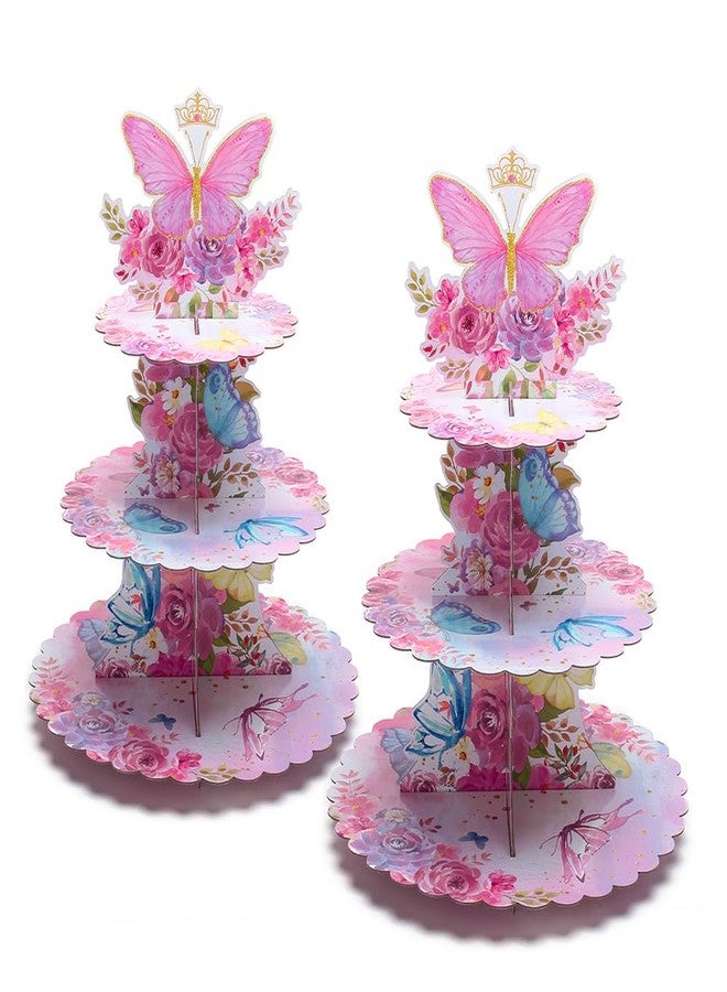 MRPAPA 3 Tier Butterfly Cupcake Stand, Butterfly Birthday Decorations Baby Shower Party Spring Butterfly Birthday Cake Stand Pink Purple Butterfly Dessert Tower for Party Supplies - Image 1