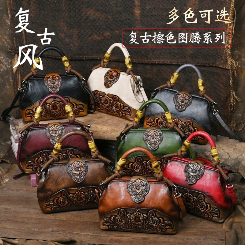 New Vintage Women'S Bag Original Trend Messenger Bag Stitching Artistic Embossed Hand-Polished Color Handbag - Image 2