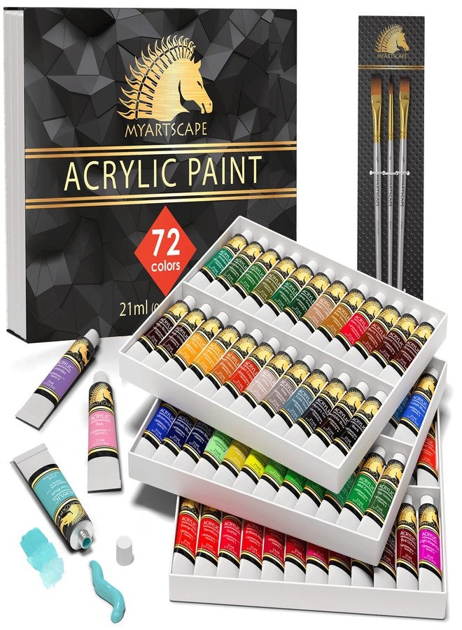 MyArtscape Acrylic Paint Set - 72 x 21ml Tubes with 3 Paint Brushes Art Supplies - Artist Quality Paints - Lightfast - Heavy Body - Highly Pigmented Colors with Great Coverage - Professional Art - Image 1