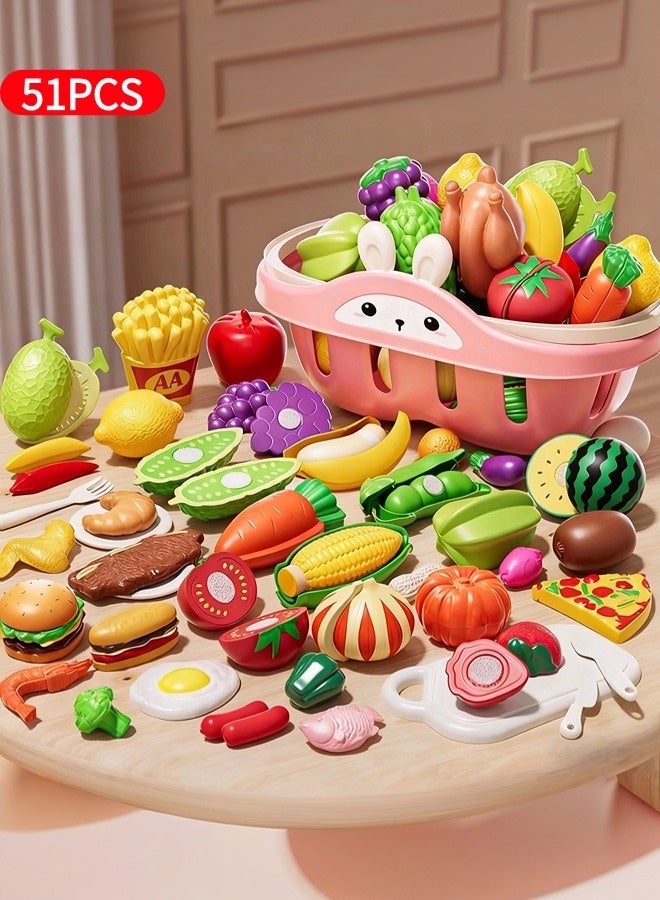 Toyzey Children's simulated food cutting fruit and vegetable toy set 51 pieces, role play toy set for boys and girls, with storage basket and various accessories, is a great gift for toddlers aged 1-3 - Image 1