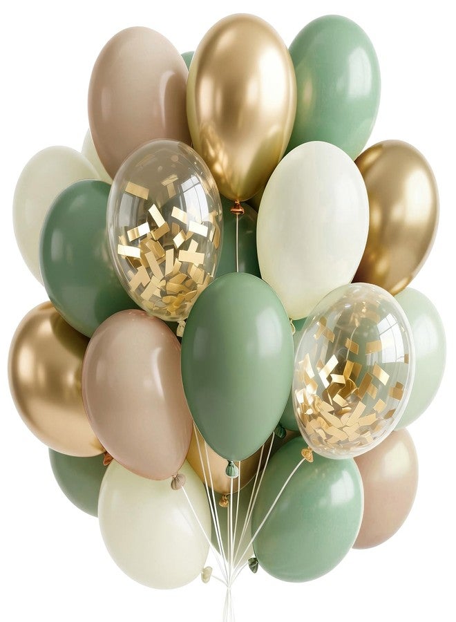 PartyWoo Sage Green Balloons 66pcs 12 Inch Metallic Gold Sand White Light Brown Gold Confetti Balloons for Baby Shower Wedding Engagement Jungle Woodland Forest Birthday Party Decorations - Image 1