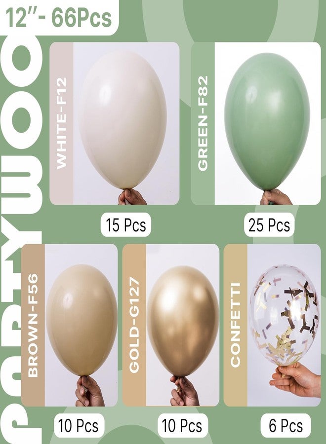 PartyWoo Sage Green Balloons 66pcs 12 Inch Metallic Gold Sand White Light Brown Gold Confetti Balloons for Baby Shower Wedding Engagement Jungle Woodland Forest Birthday Party Decorations - Image 2