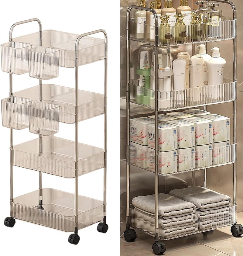 Modern Rolling Makeup Cart Clear Shelves Space Saving Bathroom Bedroom Organization Product Organizers Mobile Makeup Organizers for Bedroom - Image 2
