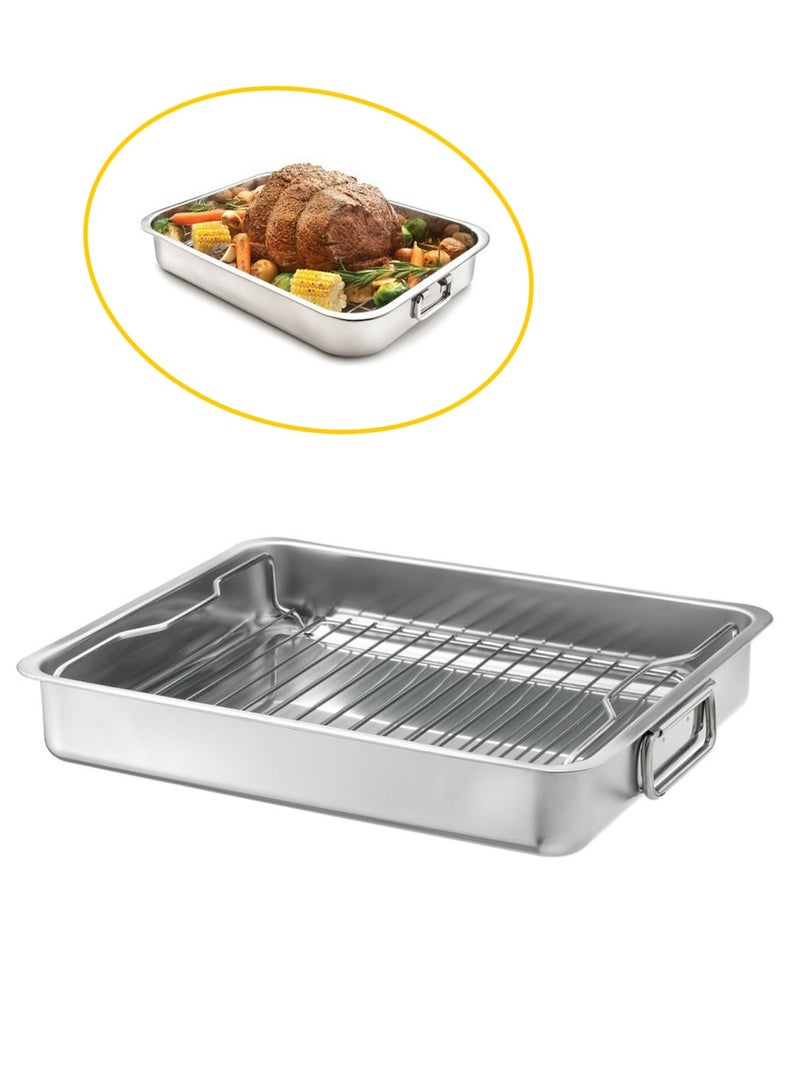 ش ه بروتكيت تاش صينية تحميص من الفولاذ المقاوم للصدأ - صينية فرن متينة لشواء الديك الرومي مع رف ومقبض للفرن، صينية تحميص عالية الجوانب وسهلة التنظيف للدجاج والخضروات واللازانيا - Image 1