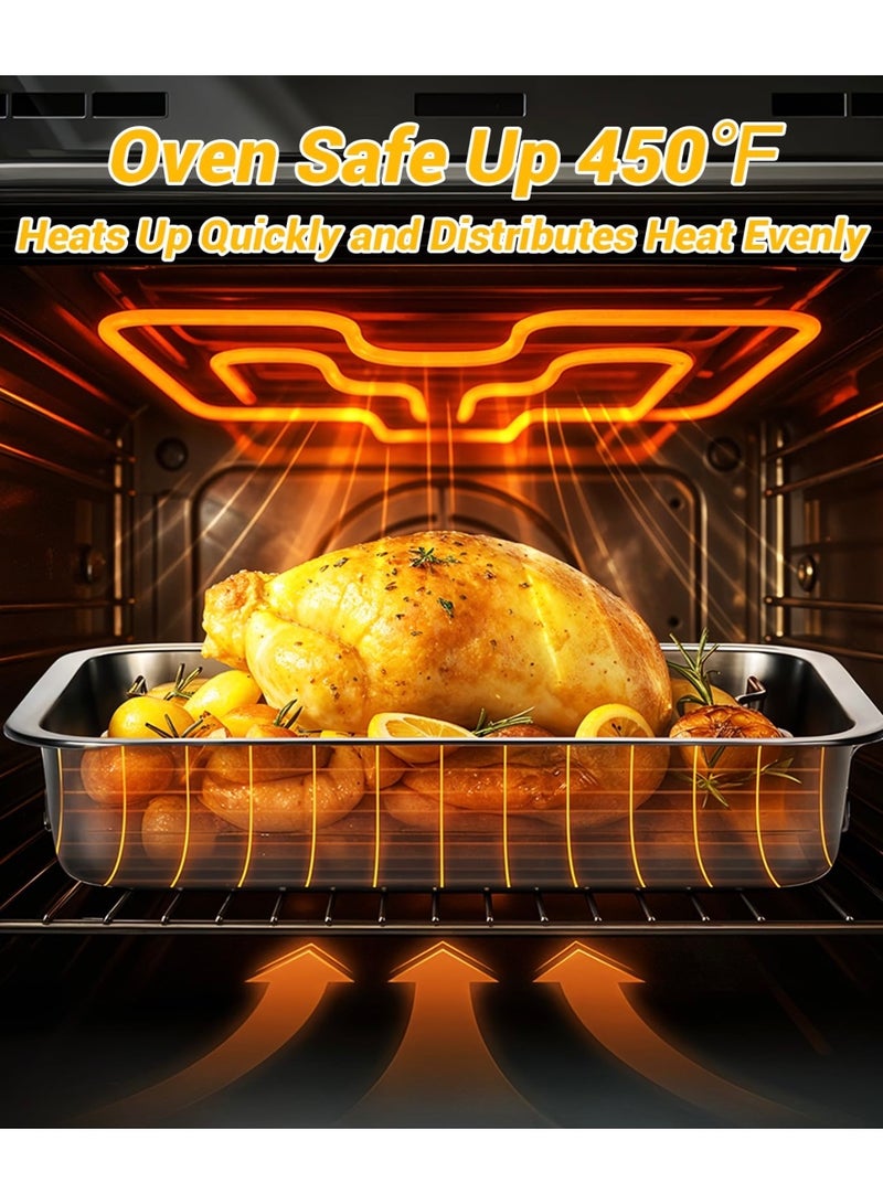 ش ه بروتكيت تاش صينية تحميص من الفولاذ المقاوم للصدأ - صينية فرن متينة لشواء الديك الرومي مع رف ومقبض للفرن، صينية تحميص عالية الجوانب وسهلة التنظيف للدجاج والخضروات واللازانيا - Image 2