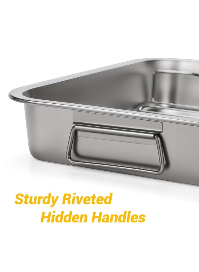 ش ه بروتكيت تاش صينية تحميص من الفولاذ المقاوم للصدأ - صينية فرن متينة لشواء الديك الرومي مع رف ومقبض للفرن، صينية تحميص عالية الجوانب وسهلة التنظيف للدجاج والخضروات واللازانيا - Image 5