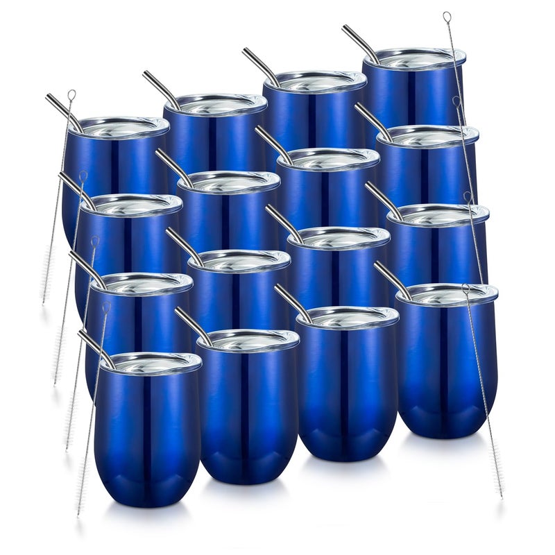 COMOOO 12oz Stainless Steel Wine Tumbler with Lid and Straw Double Wall Vacuum Insulated Travel Tumbler Cup Stemless for Hot and Cold Drinks Coffee Wine Cocktails Royal blue 16 Pack